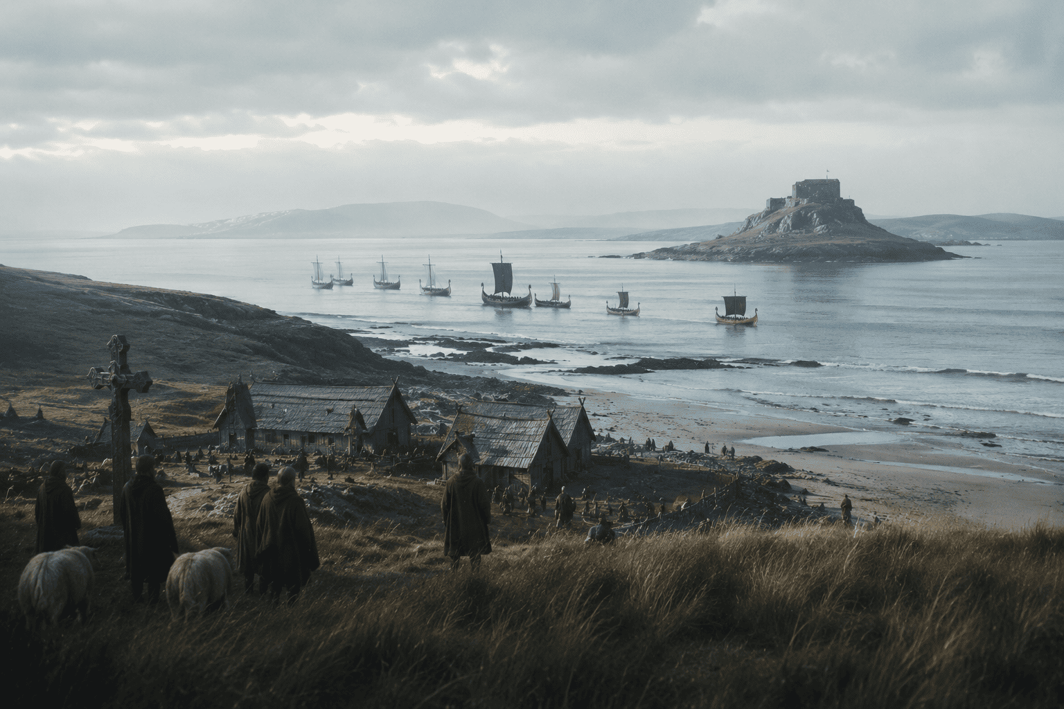 Navios vikings atravessando o mar em direção a Lindisfarne sob um céu dramático