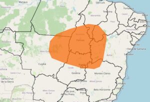 Em laranja, região do Brasil sob o alerta de perigo para baixa umidade, segundo o Instituto Nacional de Meteorologia | Foto: Reprodução/Inmet