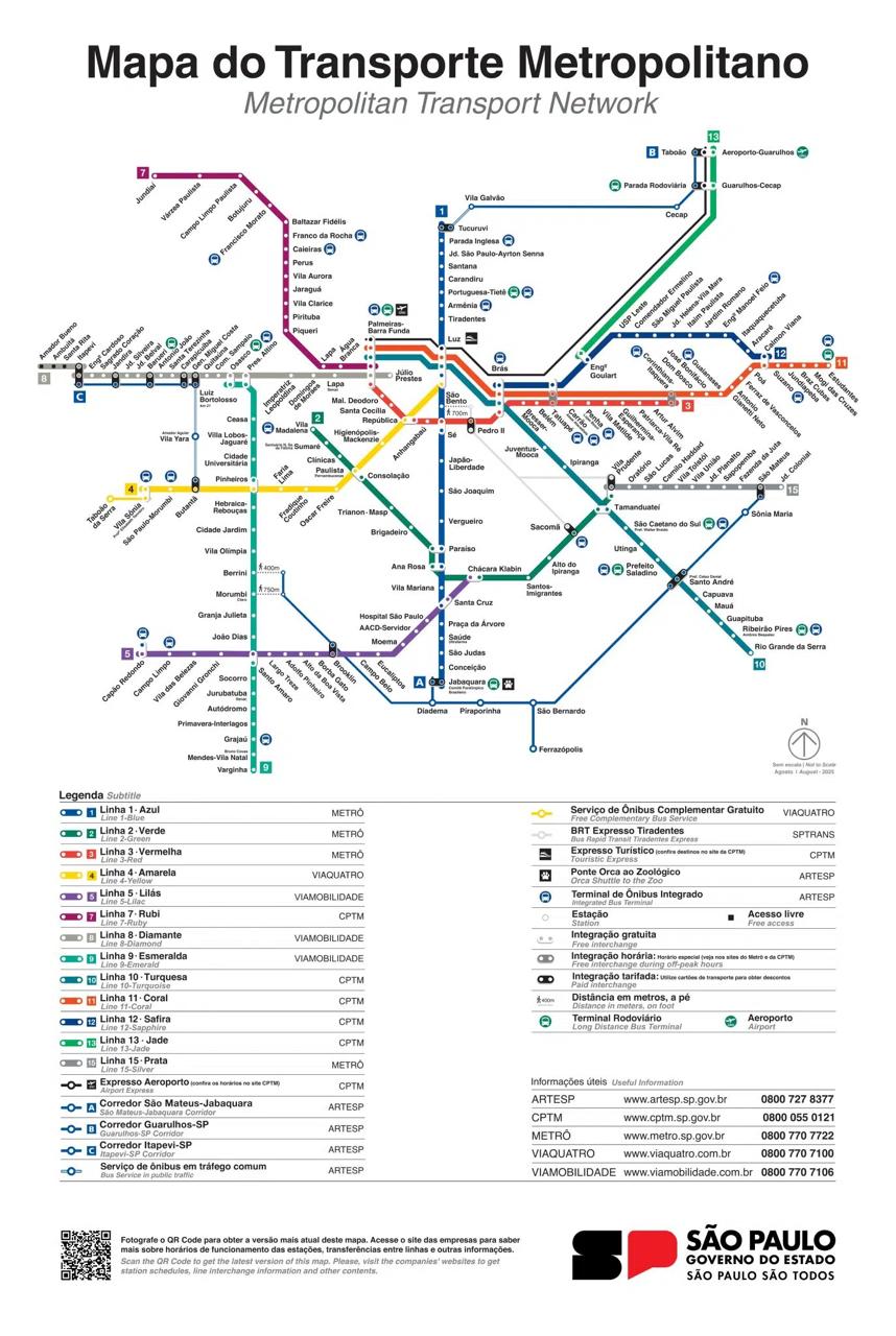 Novo mapa do metrô e trens metropolitanos de São Paulo