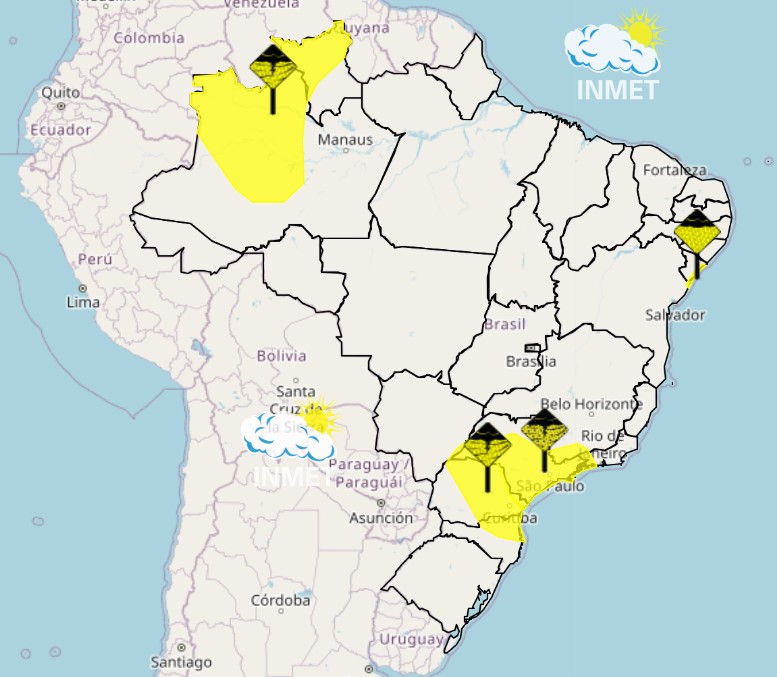 Inmet alerta para chuvas intensas e tempestades