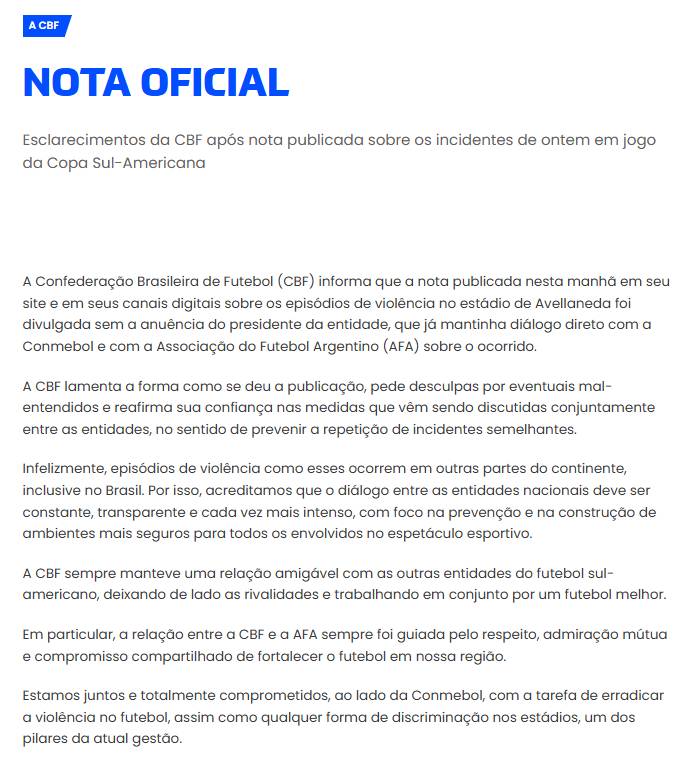 Briga na Argentina provoca confusão na CBF: entidade publica nota, apaga e divulga novo comunicado