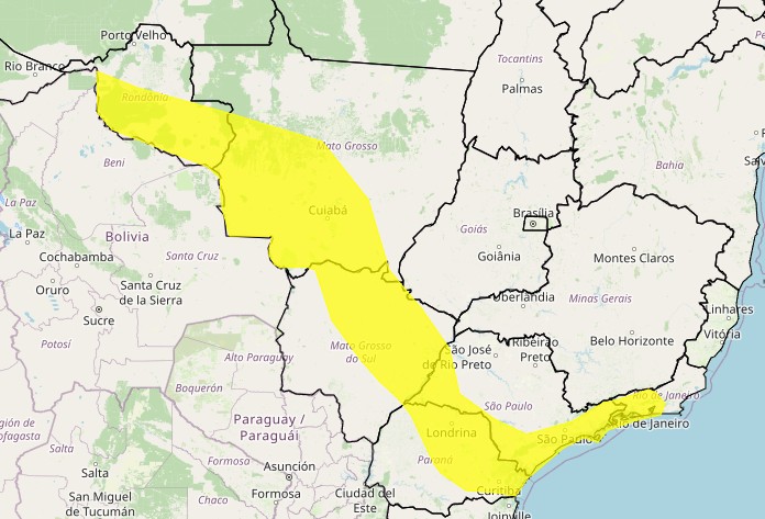 Temperatura cai de 3°c a 5°C nessa regiões em amarelo | Foto: Reprodução/Inmet