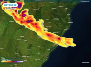Na terça-feira 2, a frente fria recua para a fronteira do Rio Grande do Sul com o Uruguai | Foto: Divulgação/Meteored