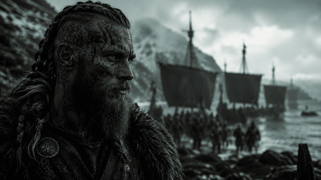 Guerreiro viking observando drakkars antes de uma expedição durante a Era Viking.