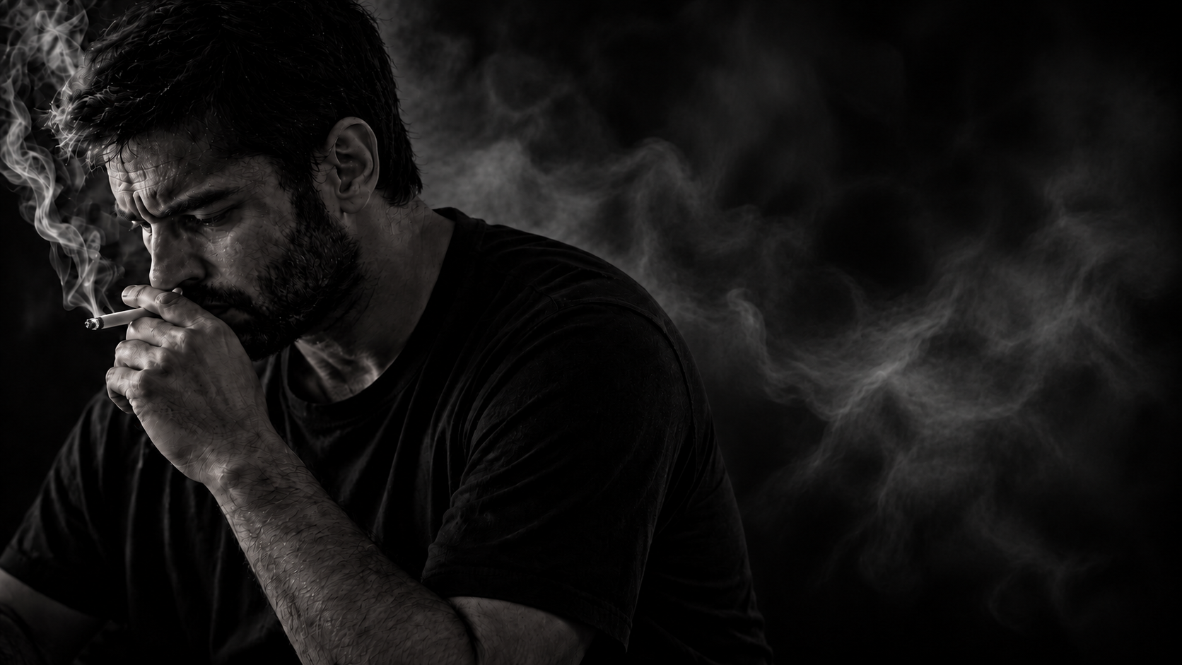 Homem fumando em preto e branco, com fumaça branca