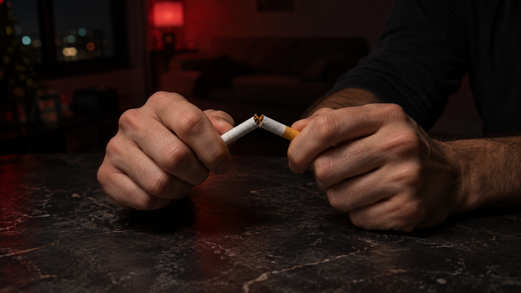 Mãos quebrando um cigarro ao meio