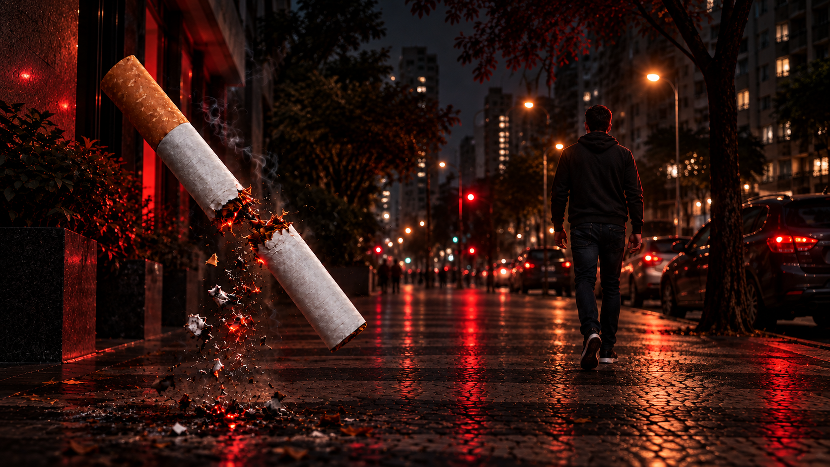 Cigarro aceso caindo enquanto um homem segue em frente